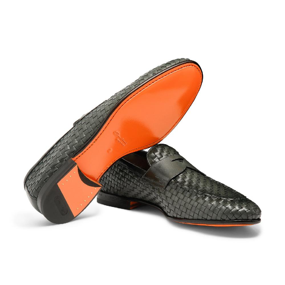 Santoni Mocassino da uomo in pelle intrecciata verde Consegna Veloce