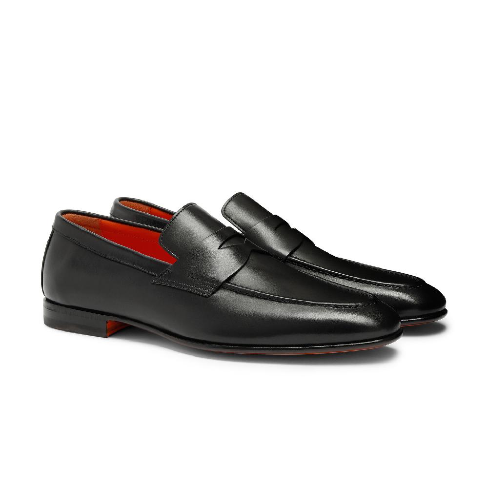 Santoni Mocassino penny da uomo in pelle anticata nera Sottocosto
