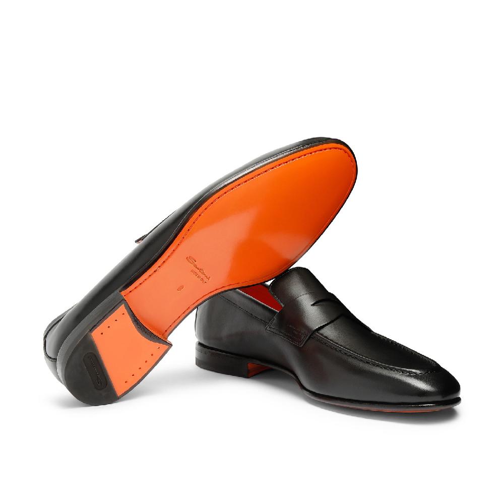 Santoni Mocassino penny da uomo in pelle anticata nera Sottocosto