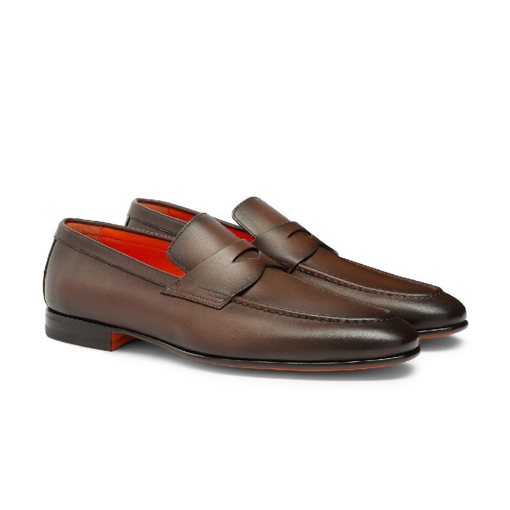 Santoni Mocassino penny da uomo in pelle anticata marrone Online