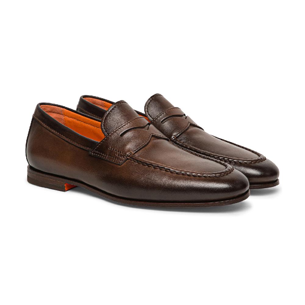 Santoni Mocassino penny da uomo in pelle anticata marrone Saldi