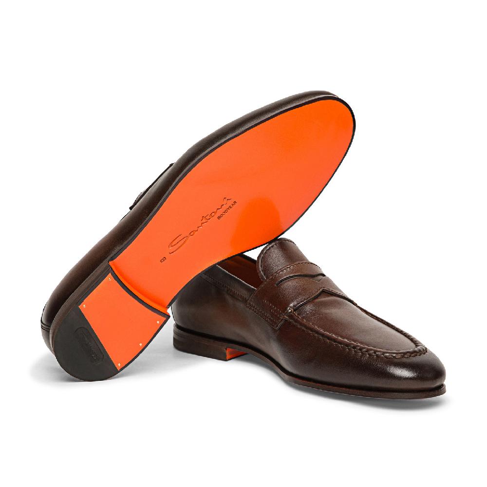 Santoni Mocassino penny da uomo in pelle anticata marrone Saldi