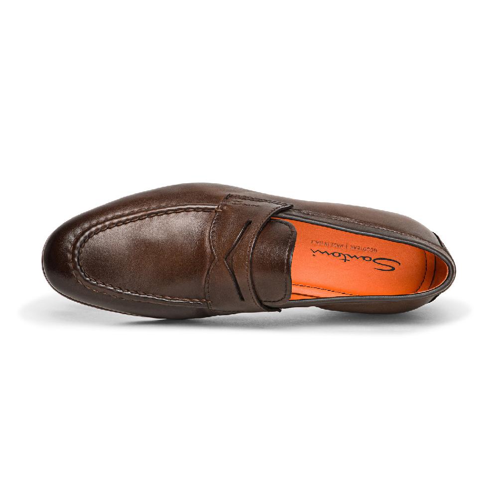 Santoni Mocassino penny da uomo in pelle anticata marrone Saldi