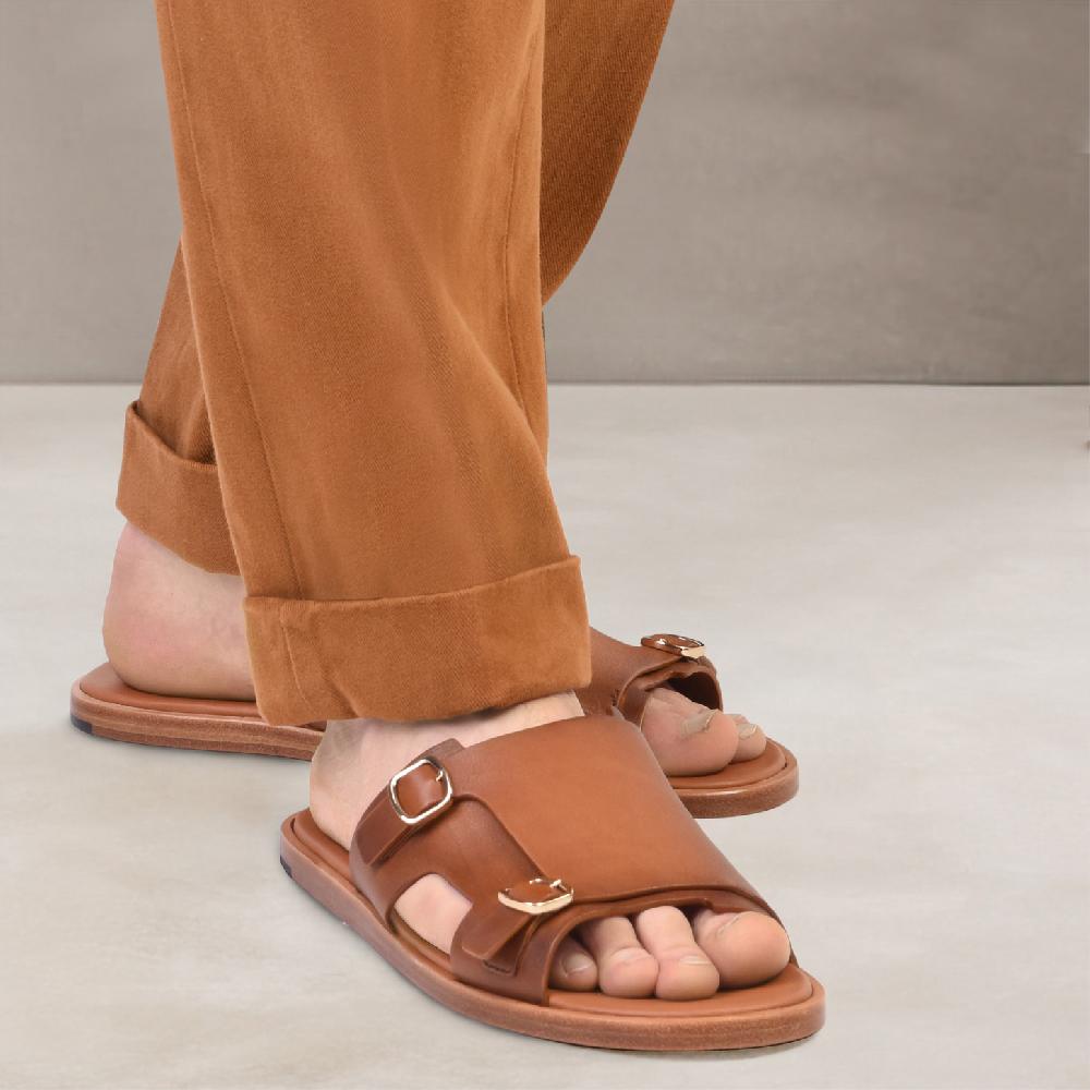 Santoni Sandalo doppia fibbia da uomo in pelle marrone Offerte