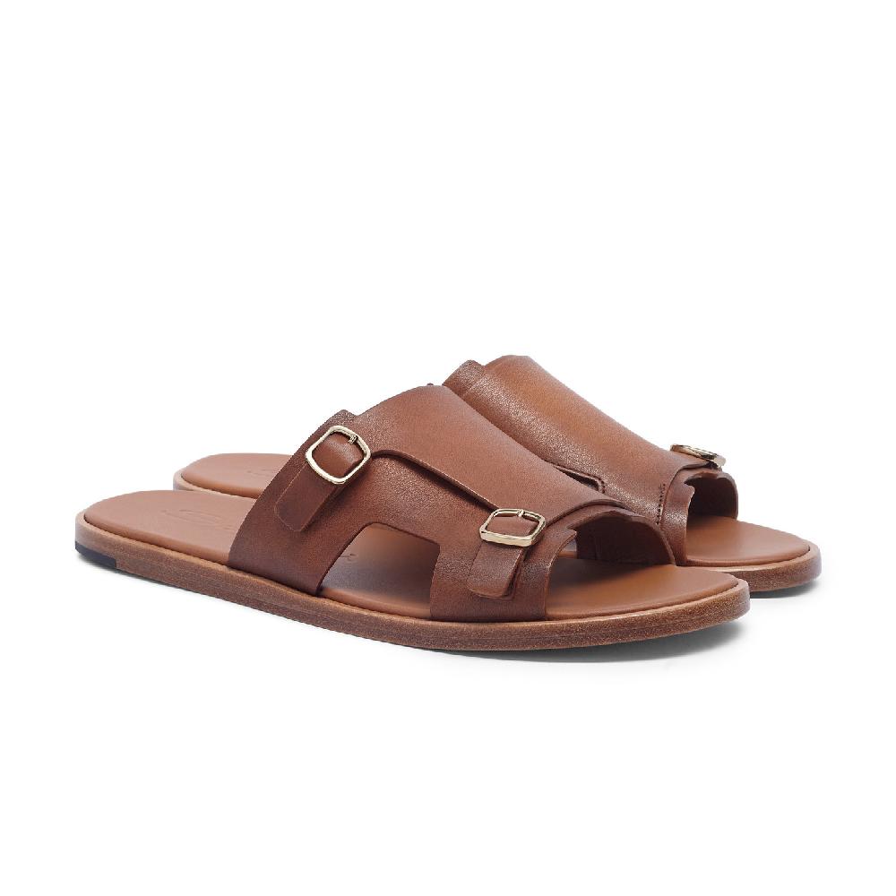 Santoni Sandalo doppia fibbia da uomo in pelle marrone Offerte