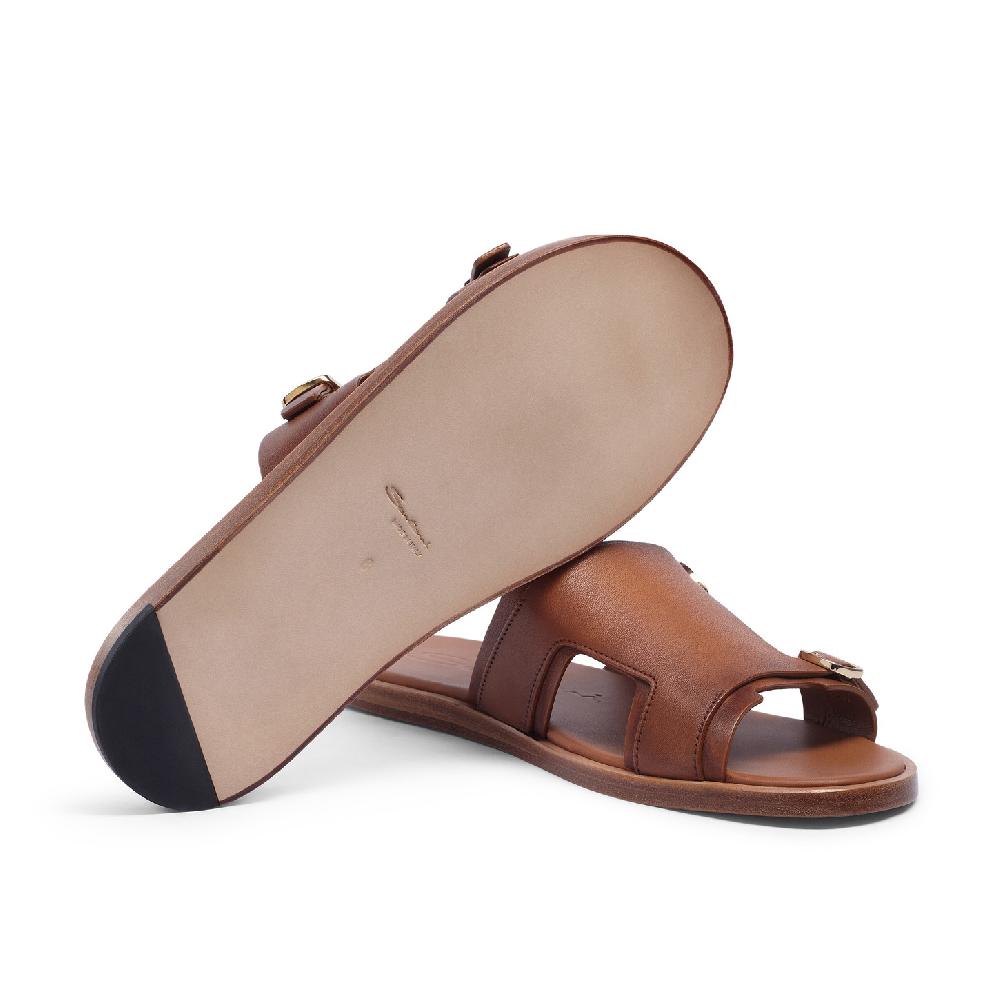 Santoni Sandalo doppia fibbia da uomo in pelle marrone Offerte