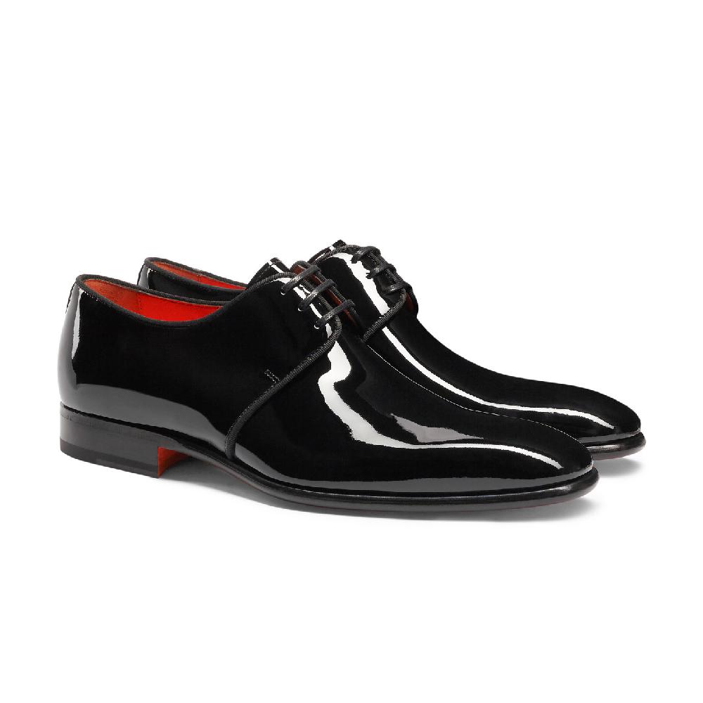 Santoni Stringata derby da uomo in vernice nera Offerta migliore