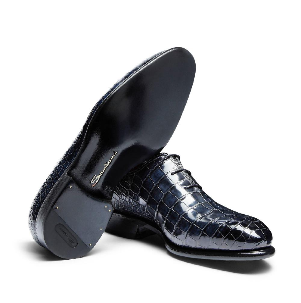 Santoni Stringata oxford da uomo in alligatore blu Saldi Di Fabbrica