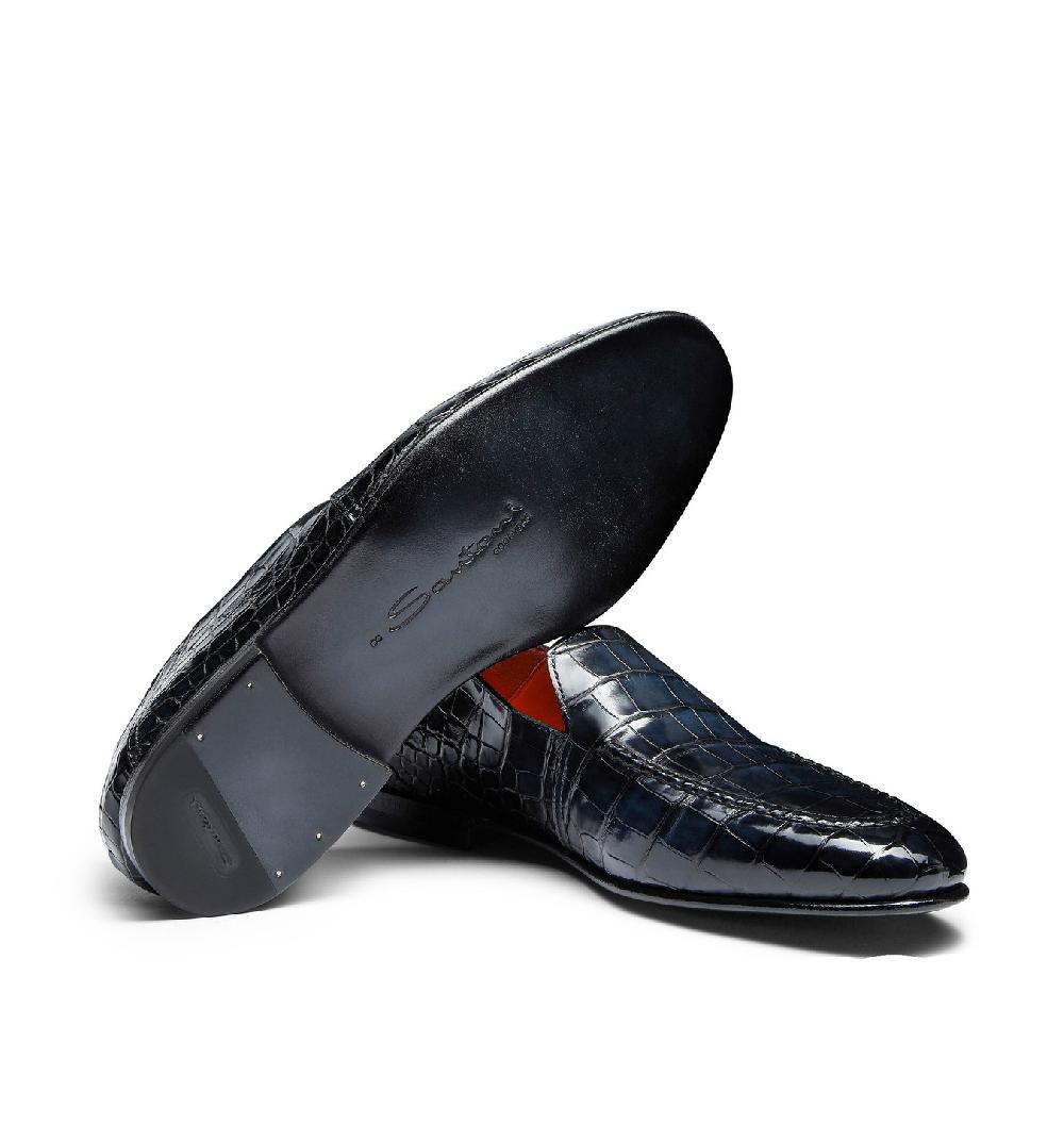 Santoni Mocassino da uomo in alligatore blu Italia