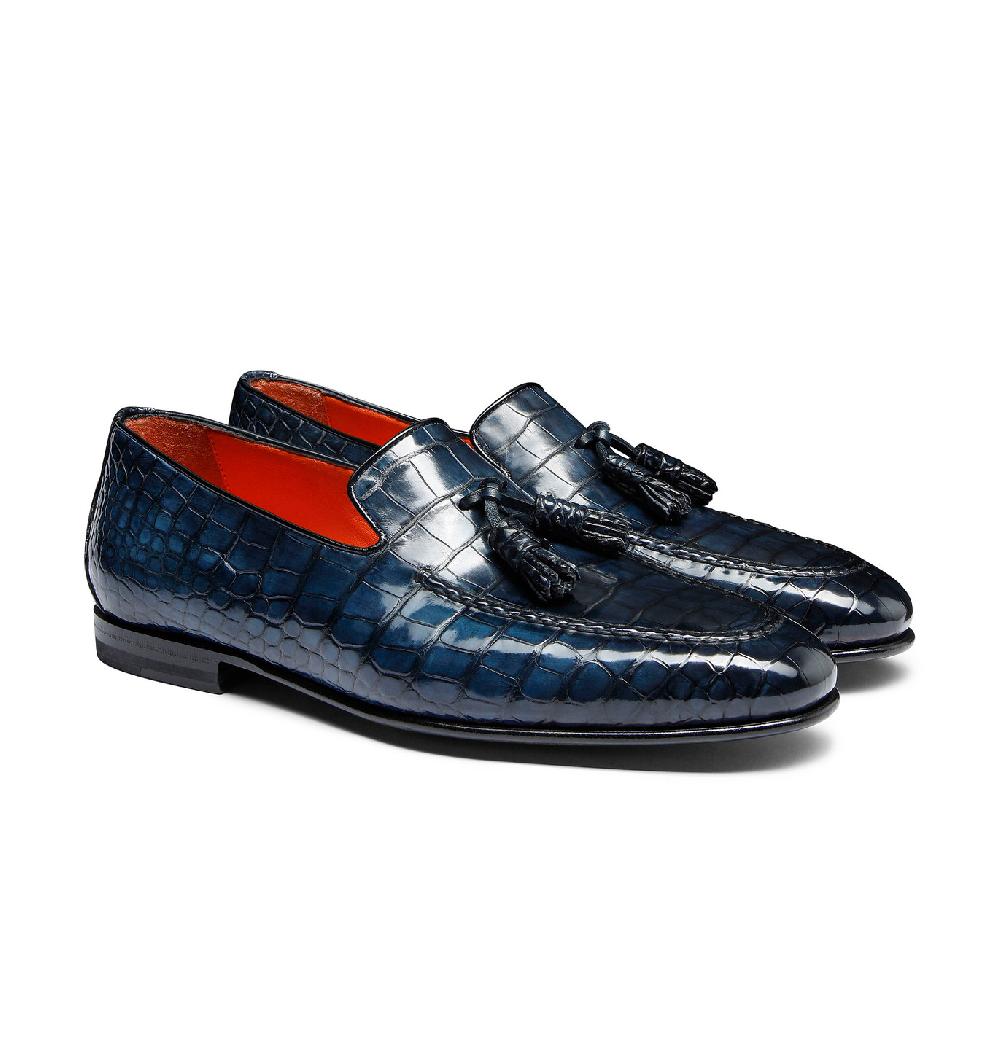 Santoni Mocassino con nappe da uomo in alligatore blu Qualità Garantita