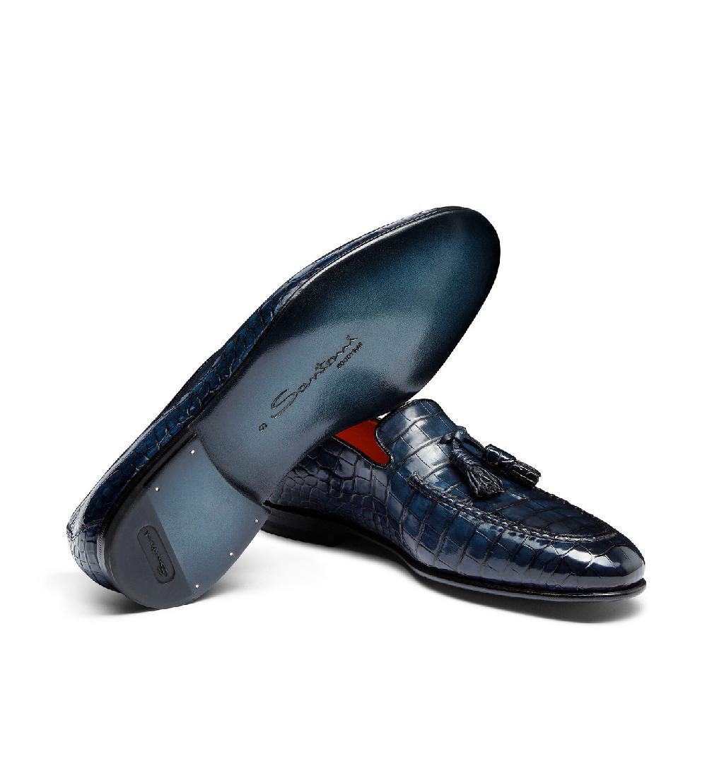 Santoni Mocassino con nappe da uomo in alligatore blu Qualità Garantita