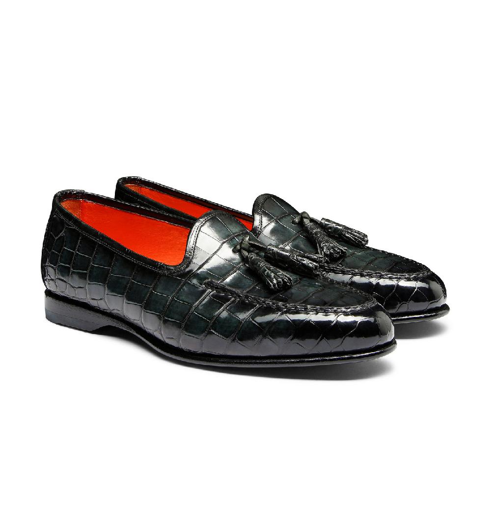 Santoni Mocassino Andrea con nappe da uomo in alligatore verde Prezzo Ridotto