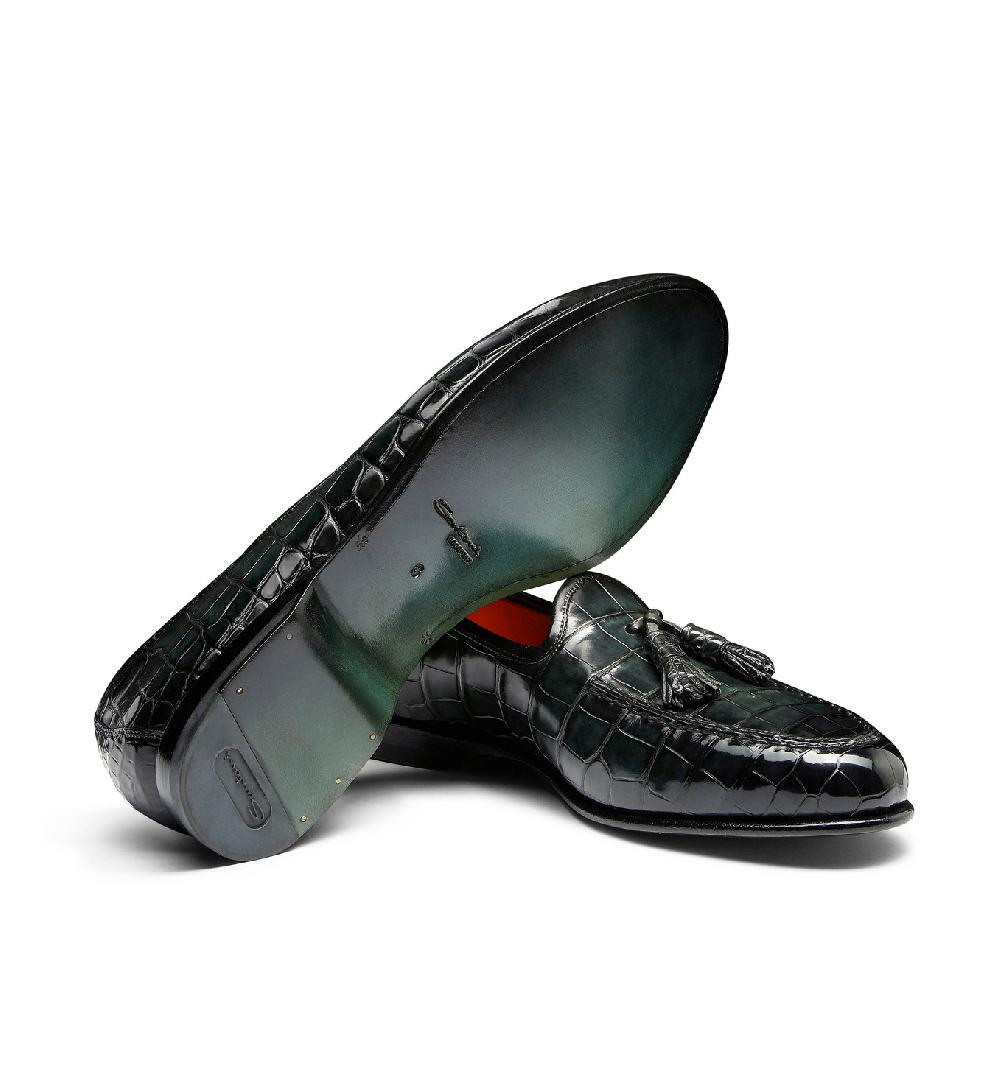 Santoni Mocassino Andrea con nappe da uomo in alligatore verde Prezzo Ridotto