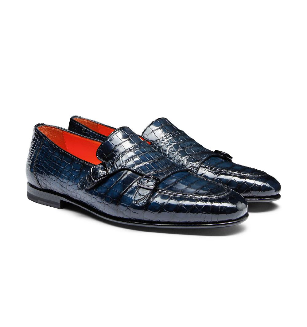 Santoni Mocassino con doppia fibbia da uomo in alligatore blu Presa