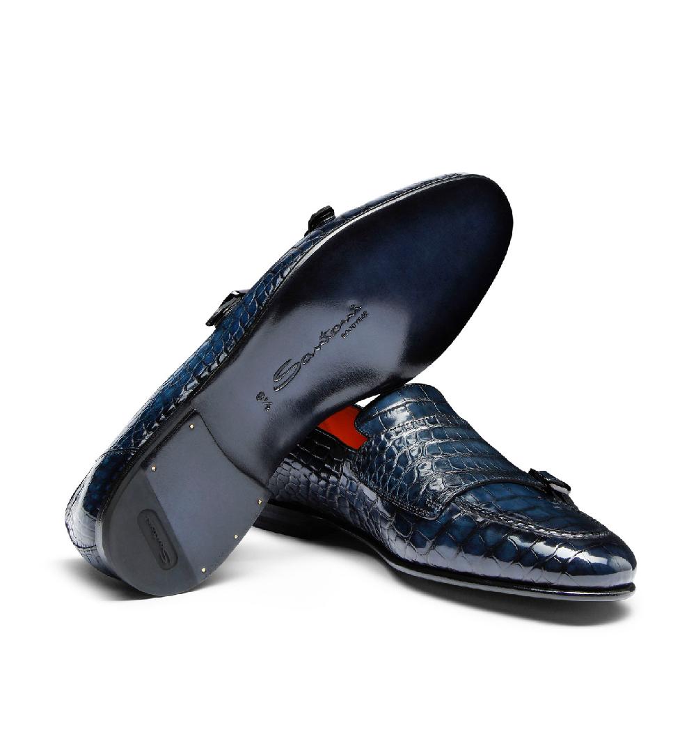 Santoni Mocassino con doppia fibbia da uomo in alligatore blu Presa