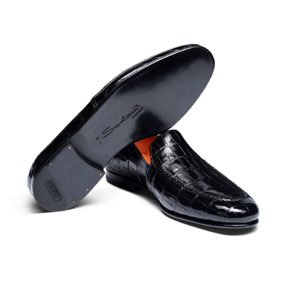 Santoni Mocassino da uomo in alligatore nero Sconto