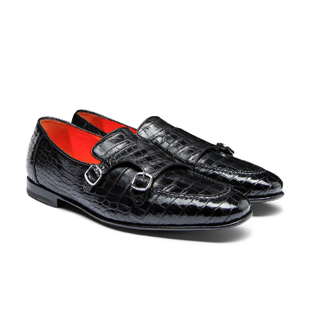 Santoni Mocassino con doppia fibbia da uomo in alligatore nero Online