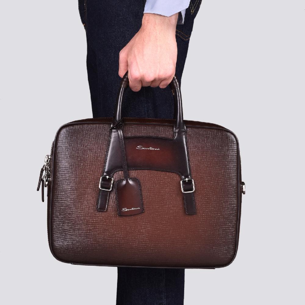 Santoni Briefcase in pelle stampata marrone 2025