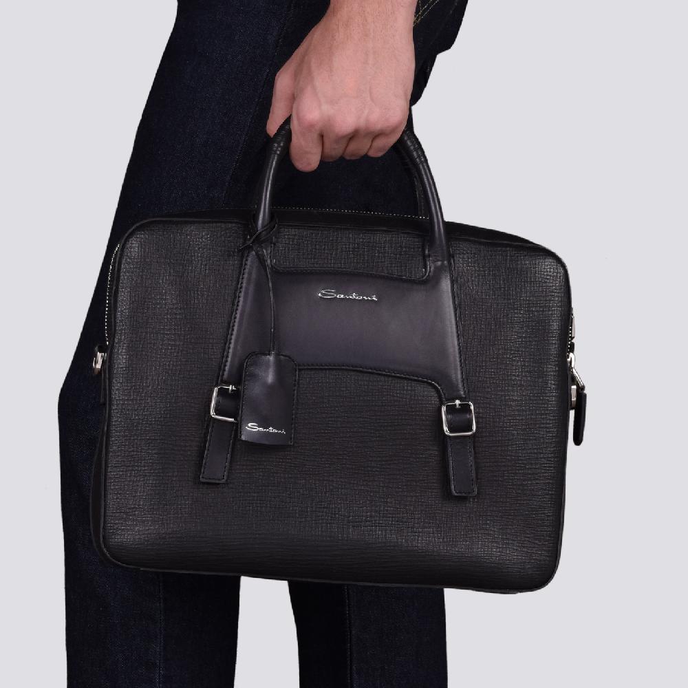 Santoni Briefcase in pelle stampata nera Nuovo