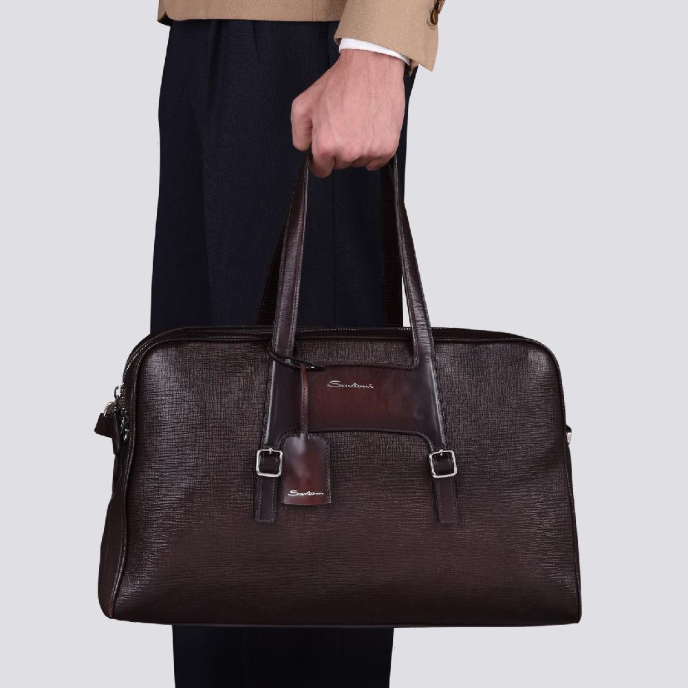 Santoni Borsa da viaggio in pelle stampata marrone Promozione Limitata