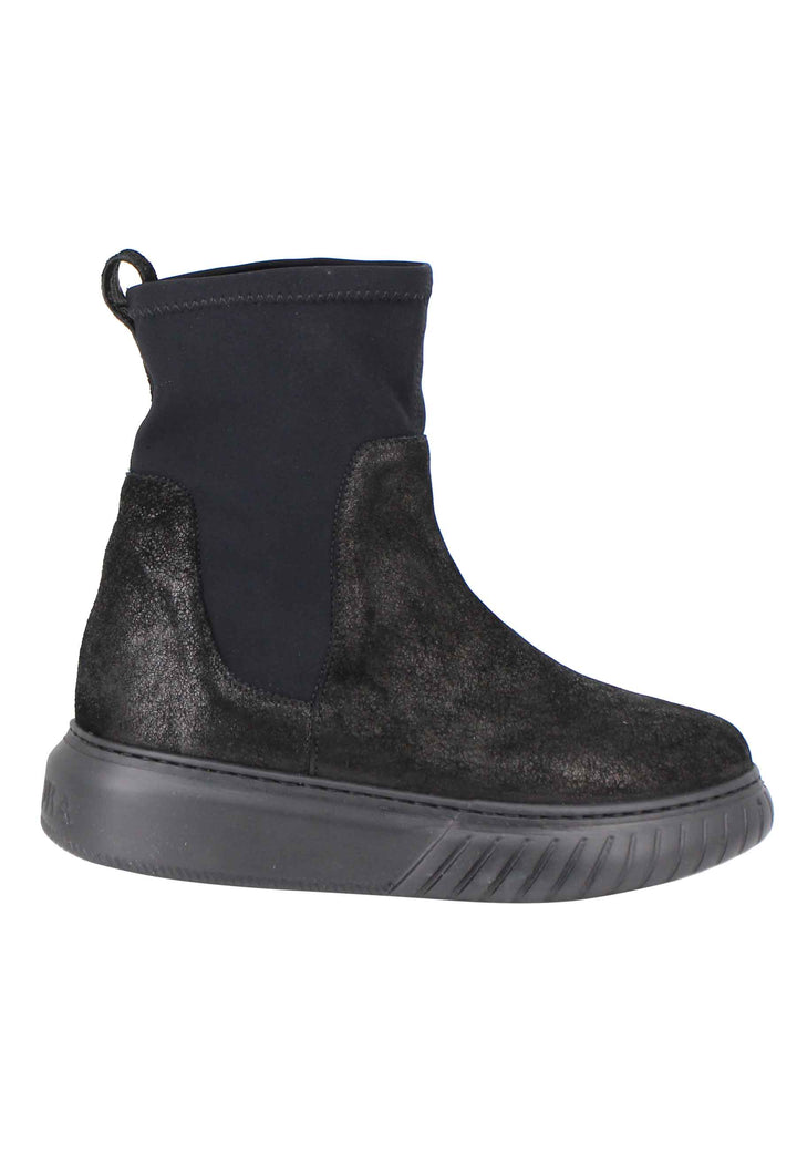 Spatarella Sneakers donna a stivaletto in pelle nera e tessuto elasticizzato in tinta suola in gomma alta Consegna Veloce