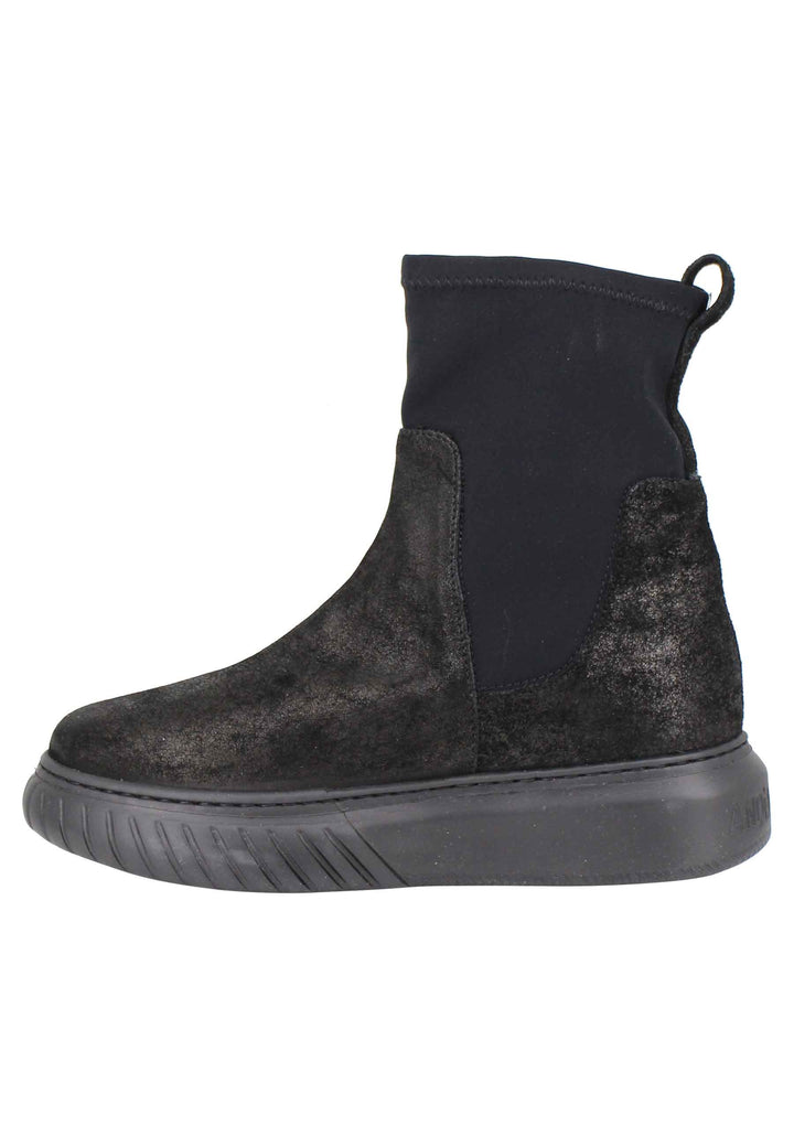Spatarella Sneakers donna a stivaletto in pelle nera e tessuto elasticizzato in tinta suola in gomma alta Consegna Veloce
