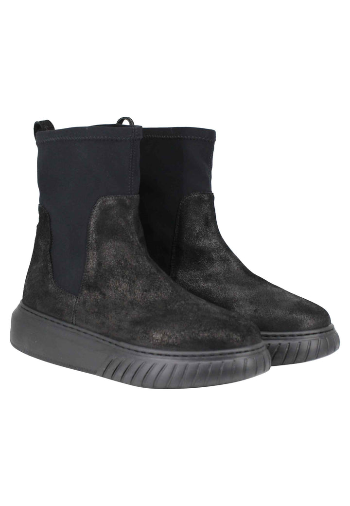 Spatarella Sneakers donna a stivaletto in pelle nera e tessuto elasticizzato in tinta suola in gomma alta Consegna Veloce