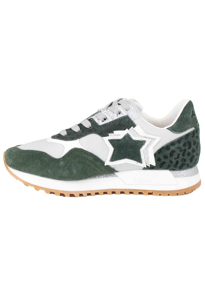 Spatarella Sneakers Ghalac donna in pelle verde e tessuto animalier con stelle in tinta Qualità