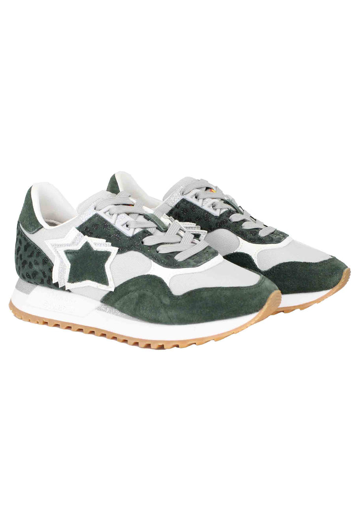Spatarella Sneakers Ghalac donna in pelle verde e tessuto animalier con stelle in tinta Qualità