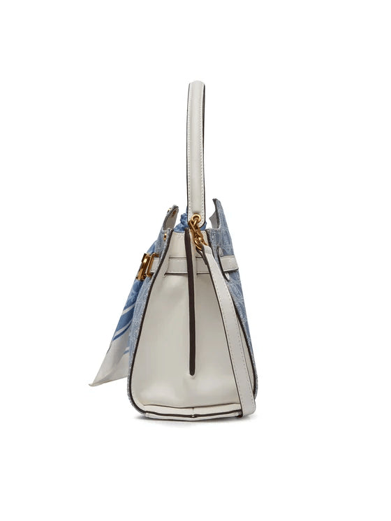 Spatarella Borse donna a spalla in cotone blu denim e pelle bianca Fino Al -60%