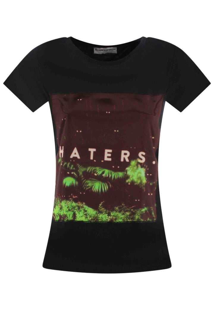 Spatarella T-shirt donna Icons in cotone nero con stampa in seta Vendita Calda