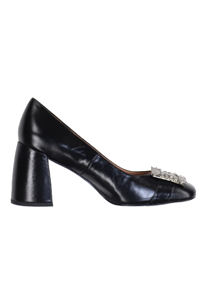 Spatarella Decollete donna in pelle lucida nera con fibbia in strass e tacco alto Adella Vendite Flash
