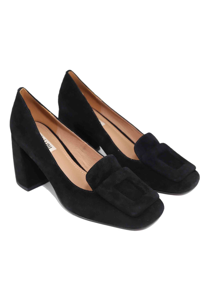 Spatarella Mocassini donna in camoscio nero con punta quadra e fibbia in tinta Marla Moda