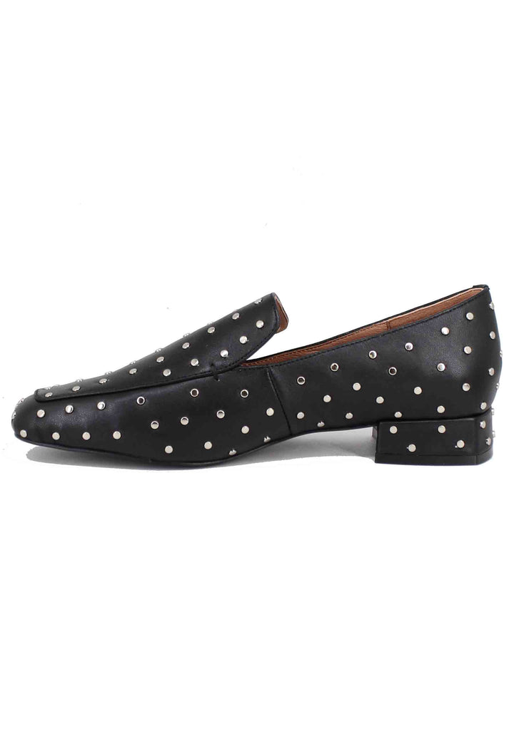 Spatarella Mocassini donna in pelle nera con borchie argento Lillian Italy