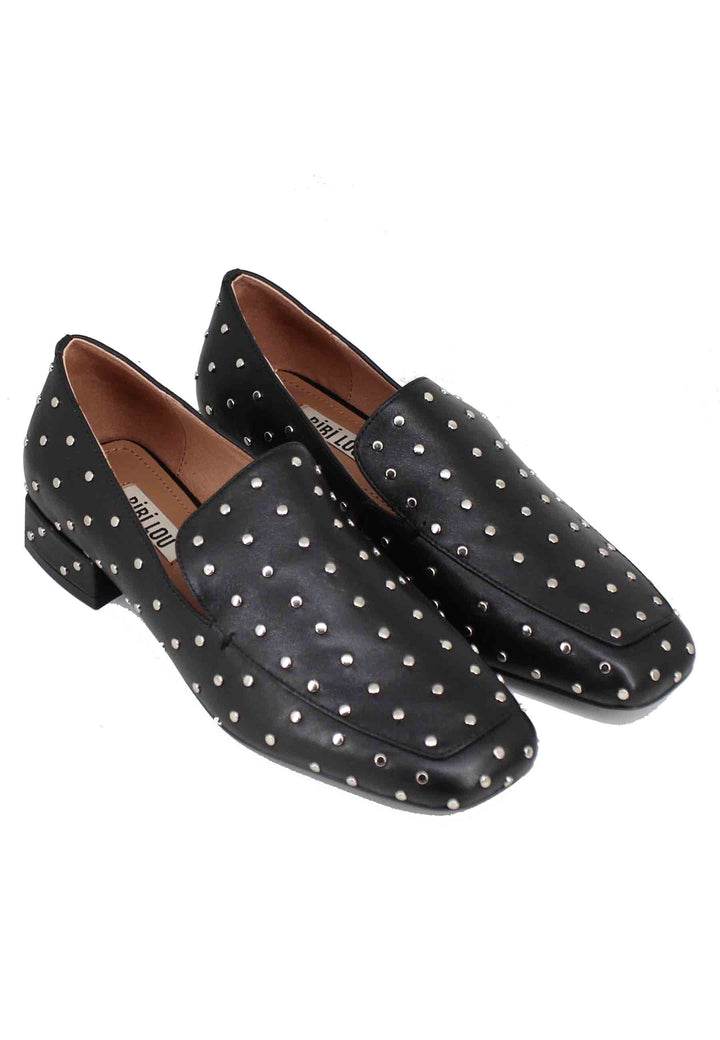 Spatarella Mocassini donna in pelle nera con borchie argento Lillian Italy