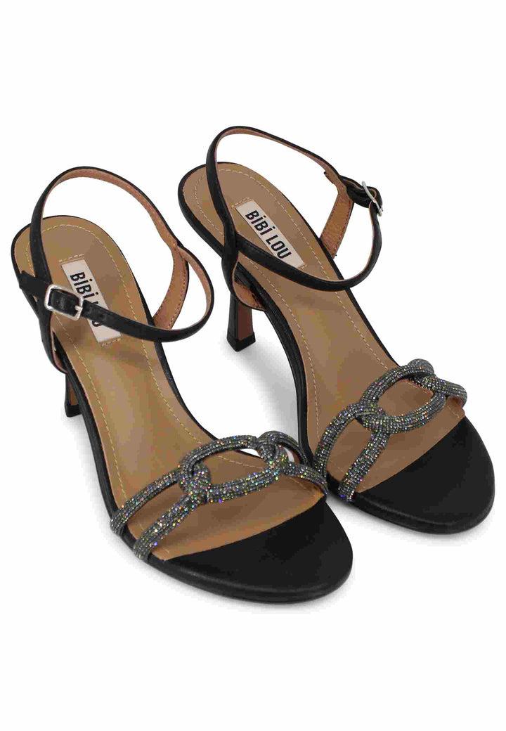Spatarella Sandali donna Katia in pelle nera tacco alto con strass e cinturino alla caviglia 2025