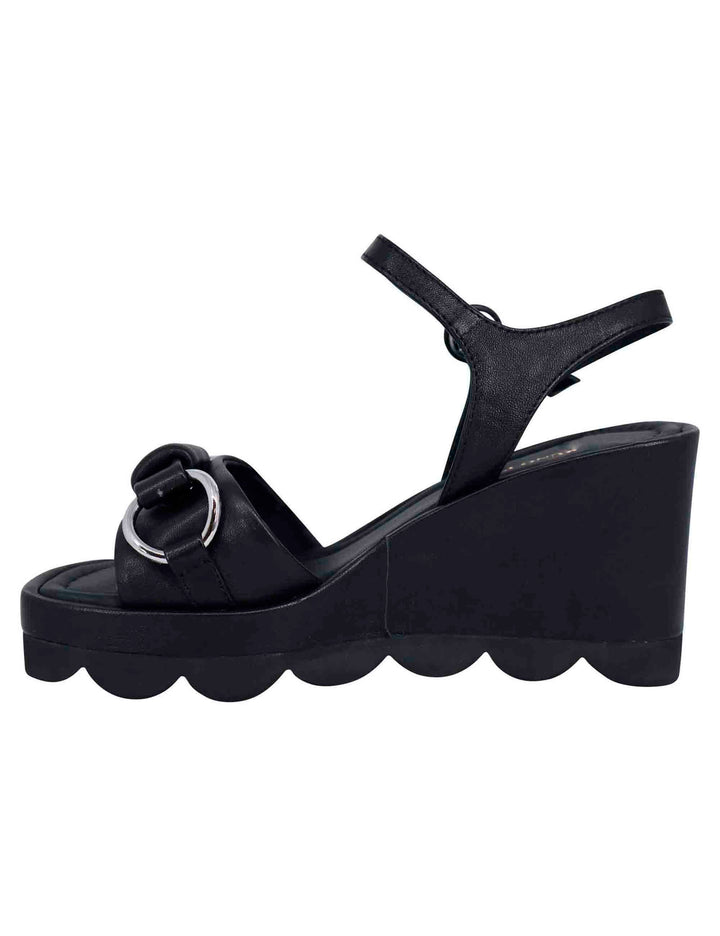 Spatarella Sandali donna in pelle nera con zeppa alta e cinturino alla caviglia Promozione Limitata
