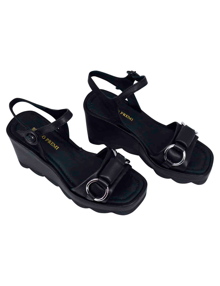 Spatarella Sandali donna in pelle nera con zeppa alta e cinturino alla caviglia Promozione Limitata