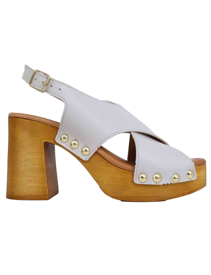 Spatarella Zoccoli slingback donna in pelle bianca con fibbie oro e tacco alto Prezzo Ridotto