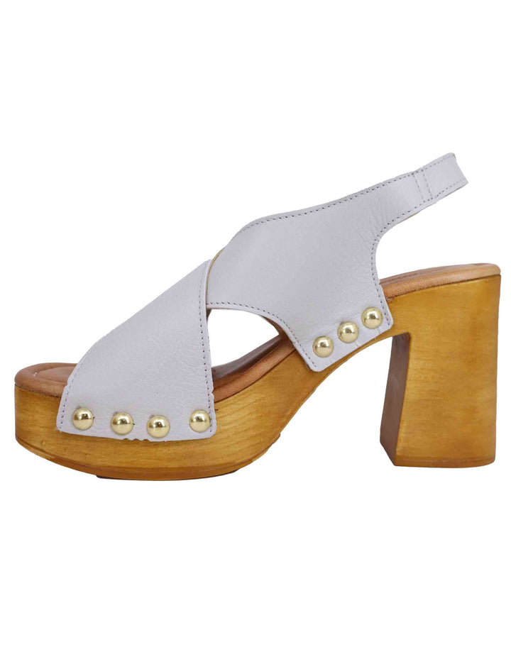 Spatarella Zoccoli slingback donna in pelle bianca con fibbie oro e tacco alto Prezzo Ridotto