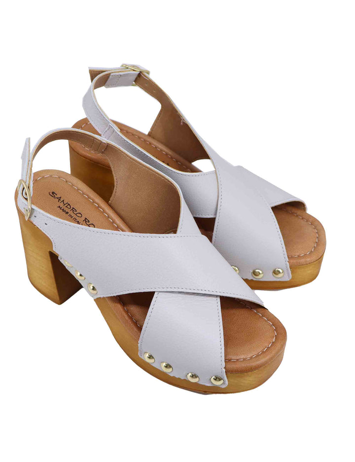 Spatarella Zoccoli slingback donna in pelle bianca con fibbie oro e tacco alto Prezzo Ridotto