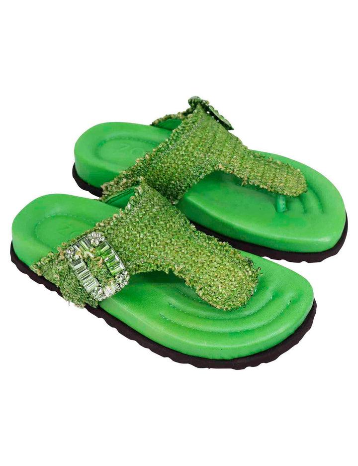 Spatarella Sandali infradito donna in rafia e pelle verde con fussbett alto Sottocosto