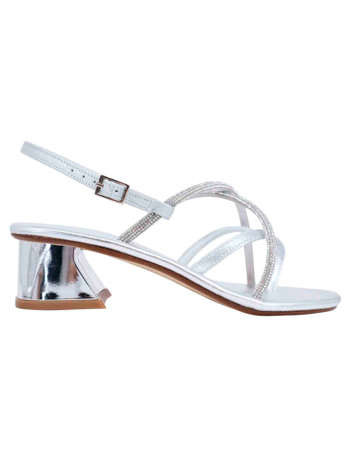 Spatarella Sandali slingback donna in strass argento con tacco gioiello