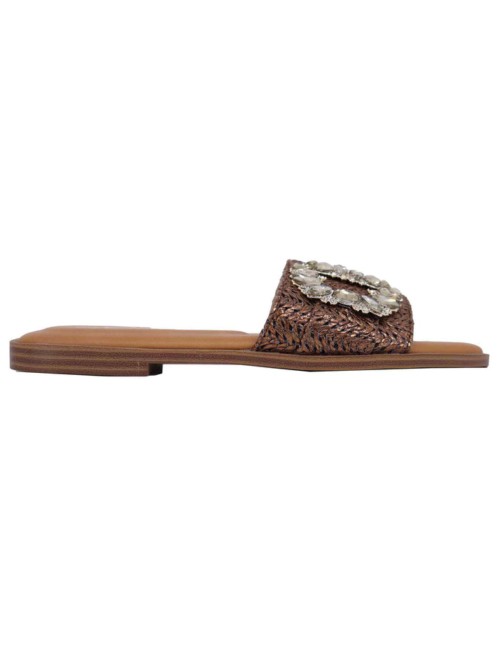 Spatarella Sandali flat donna in tessuto bronzo con fibbia in strass Economico