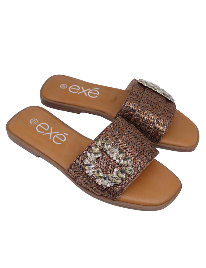 Spatarella Sandali flat donna in tessuto bronzo con fibbia in strass Economico