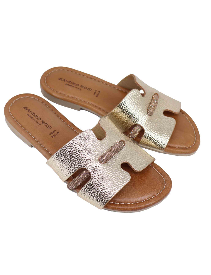 Spatarella Sandali flat donna in pelle laminata platino con stass Online
