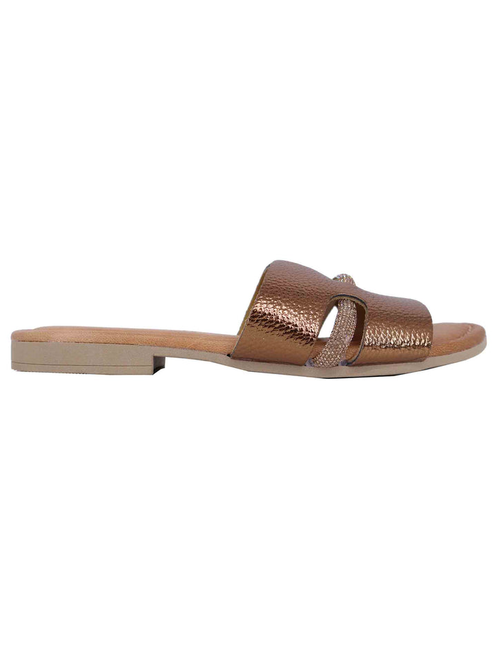 Spatarella Sandali flat donna in pelle laminata bronzo con stass Outlet