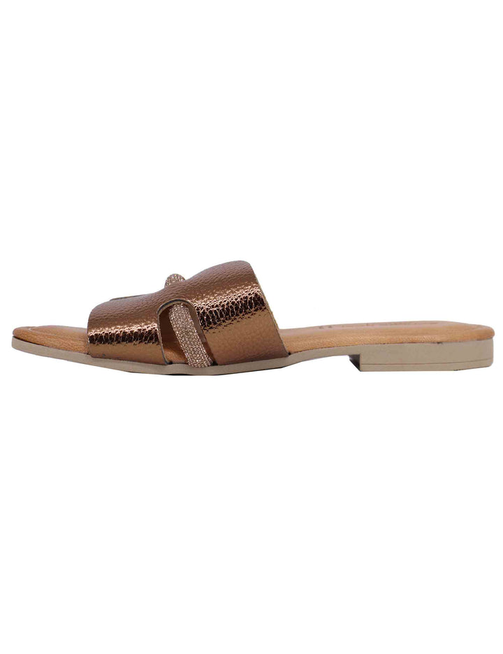 Spatarella Sandali flat donna in pelle laminata bronzo con stass Outlet