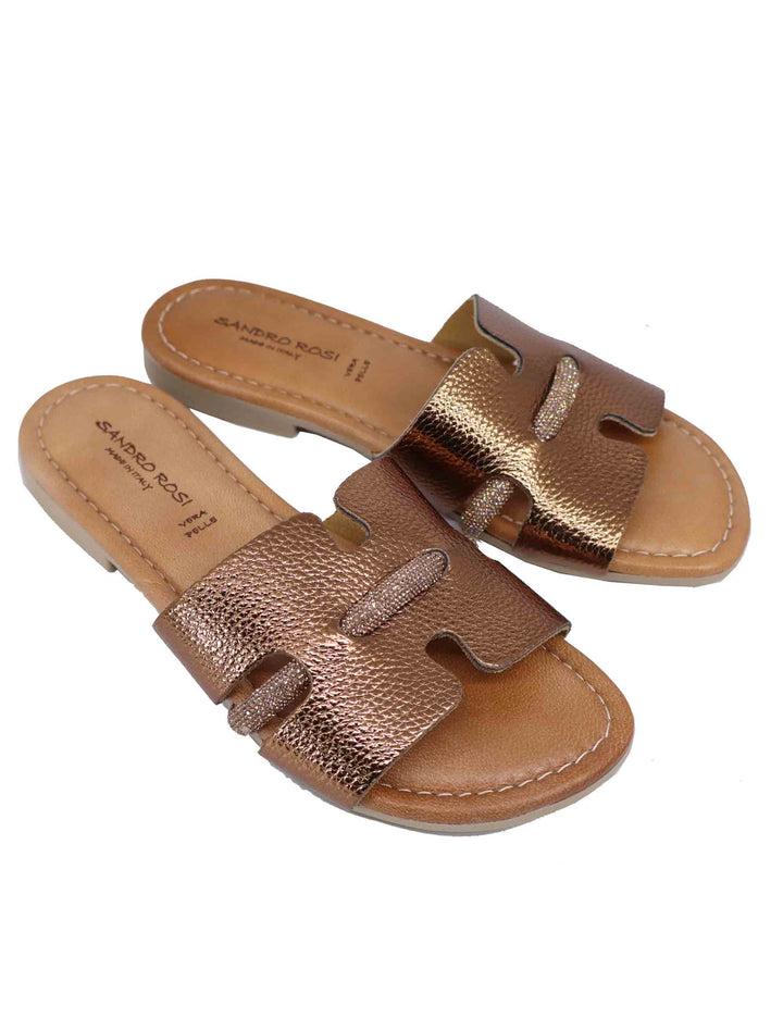 Spatarella Sandali flat donna in pelle laminata bronzo con stass Outlet