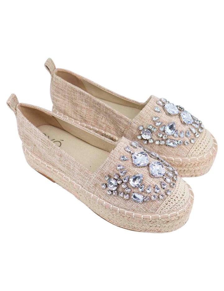 Spatarella Espadrillas donna in tessuto beige con strass e suola alta in corda Shopping Online